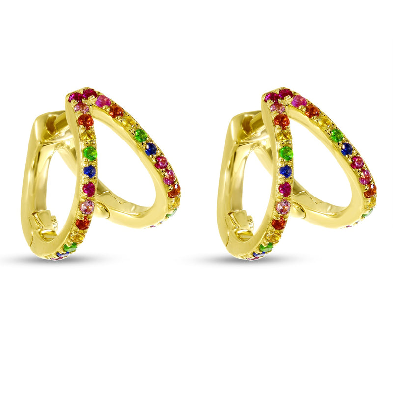 14K Yellow Gold Double Row Rainbow Sapphire Huggie Earrings