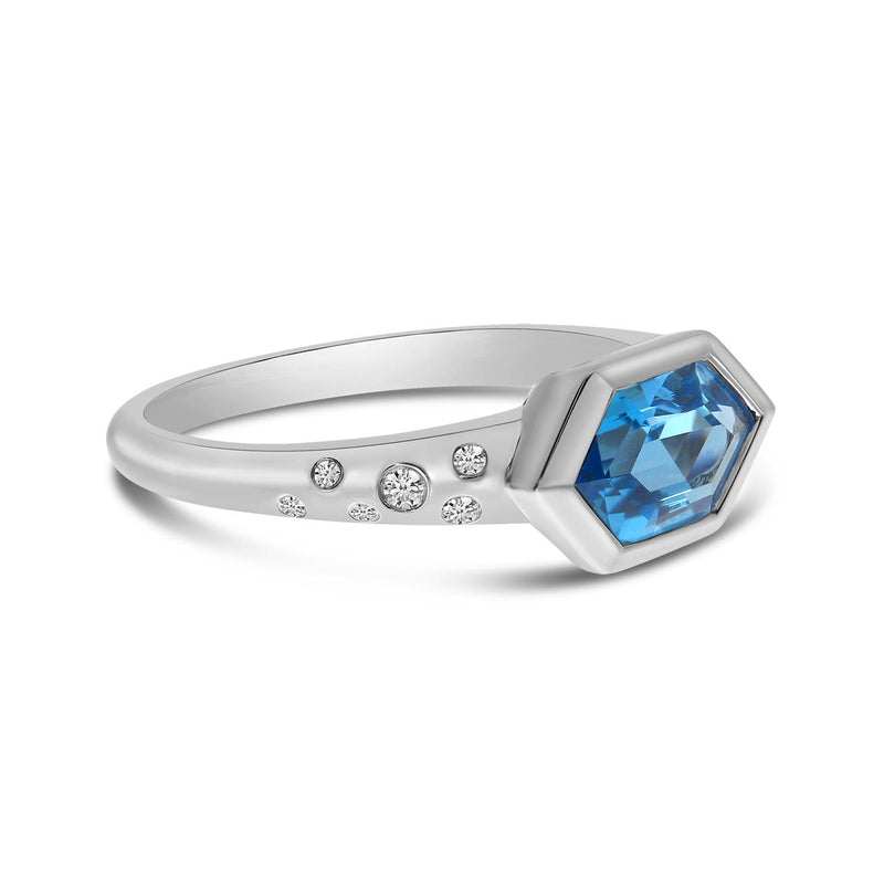 14K White Gold Hexagon Blue Topaz with Diamond Band Semi Precious Ring