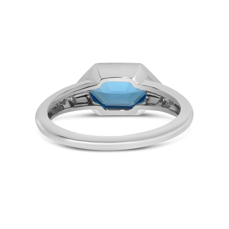 14K White Gold Hexagon Blue Topaz with Diamond Band Semi Precious Ring