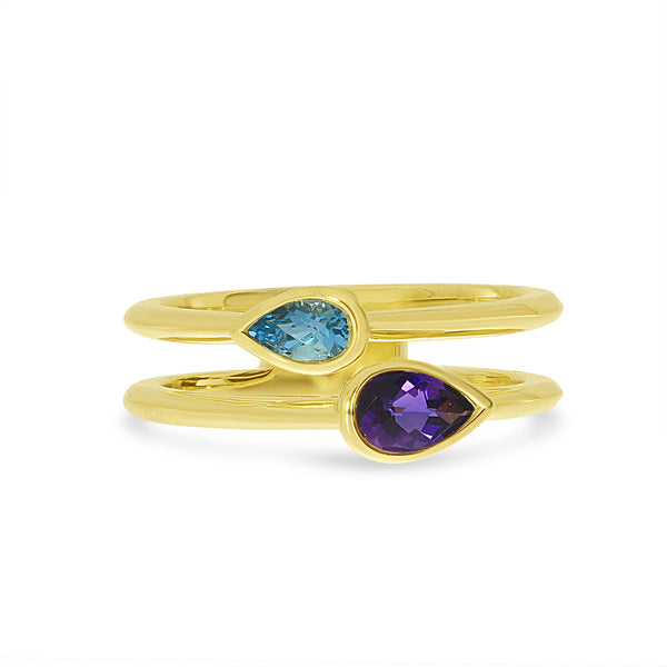 14K Yellow Gold Double Pear Duo Amethyst and Blue Topaz Semi Precious Ring